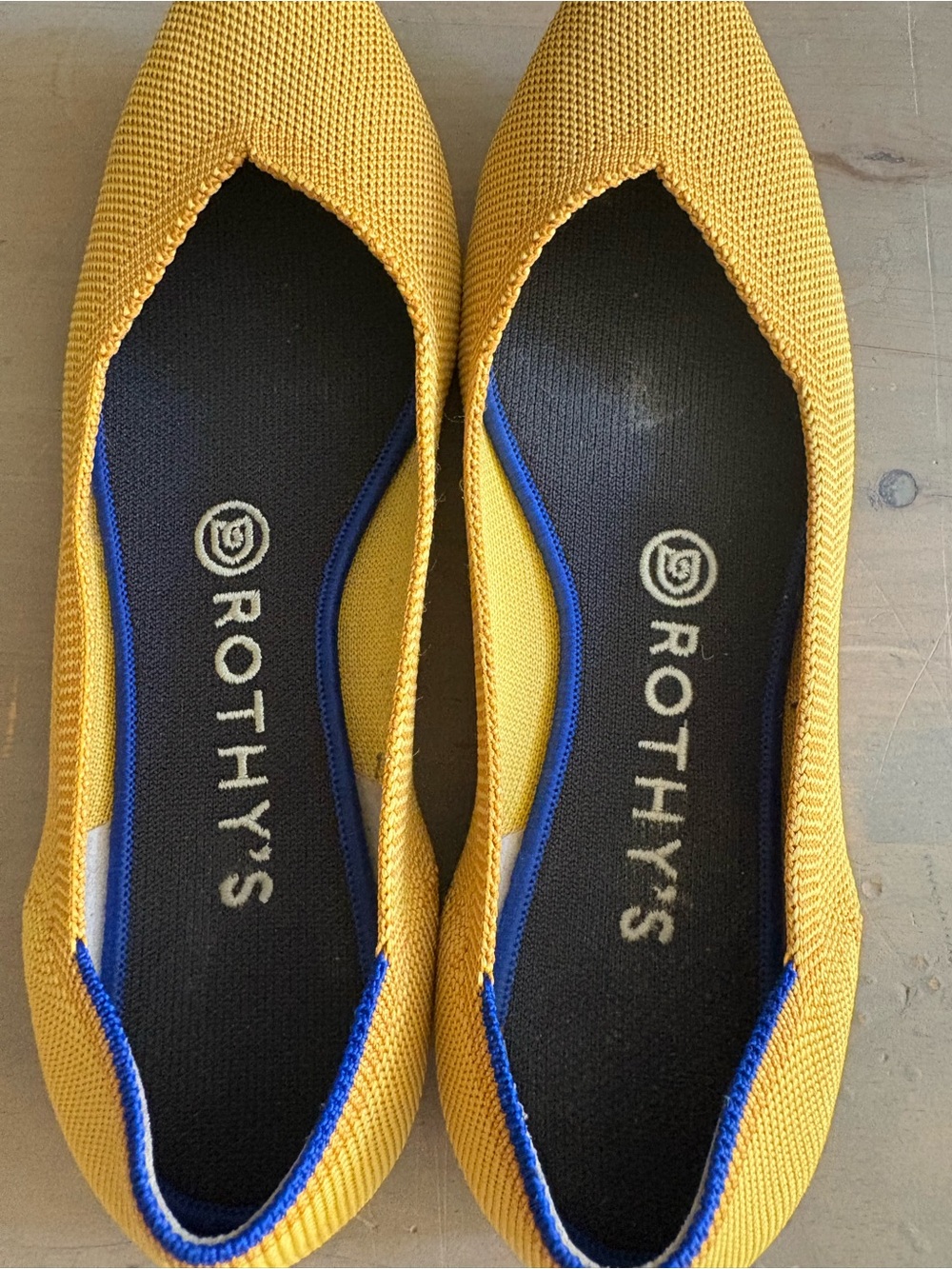Rothy's Yellow Pointed Toe Knit Flats with Blue Trim - Picture 2 of 7